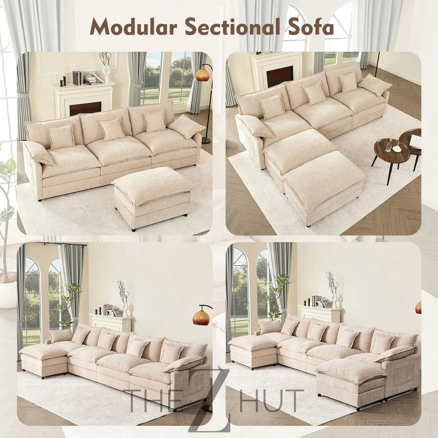 108" U Shaped Couch, Modular Sectional Sofa, 3-Seater Comfy Cloud Couch with Movable Ottoman, Deep Seat Couches for Living Room, Linen, Beige THE Z HUT