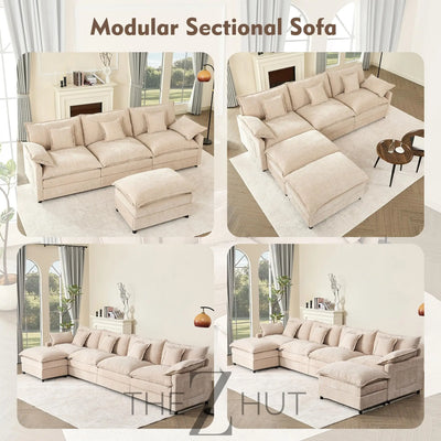 108" U Shaped Couch, Modular Sectional Sofa, 3-Seater Comfy Cloud Couch with Movable Ottoman, Deep Seat Couches for Living Room, Linen, Beige THE Z HUT