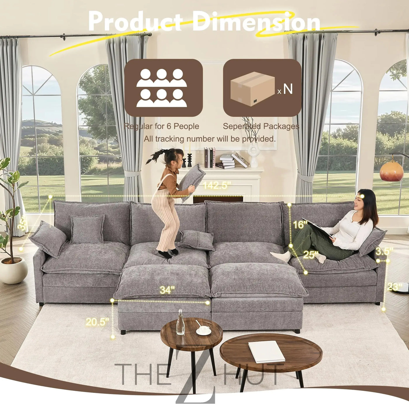 108" U Shaped Couch, Modular Sectional Sofa, 3-Seater Comfy Cloud Couch with Movable Ottoman, Deep Seat Couches for Living Room, Linen, Beige THE Z HUT