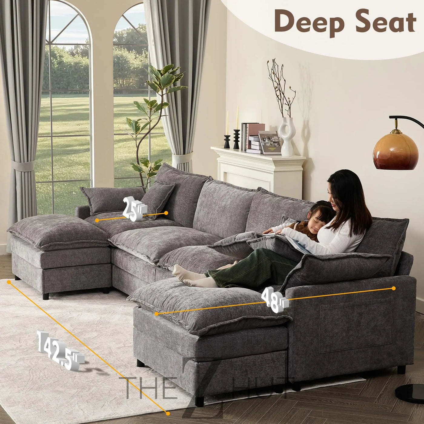 108" U Shaped Couch, Modular Sectional Sofa, 3-Seater Comfy Cloud Couch with Movable Ottoman, Deep Seat Couches for Living Room, Linen, Beige THE Z HUT