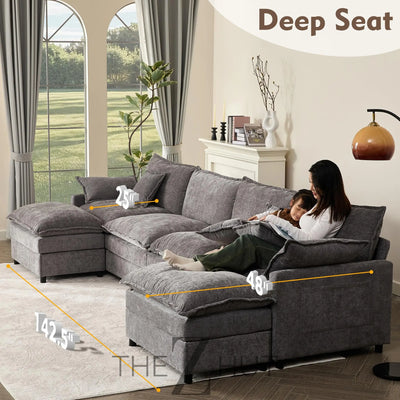 108" U Shaped Couch, Modular Sectional Sofa, 3-Seater Comfy Cloud Couch with Movable Ottoman, Deep Seat Couches for Living Room, Linen, Beige THE Z HUT