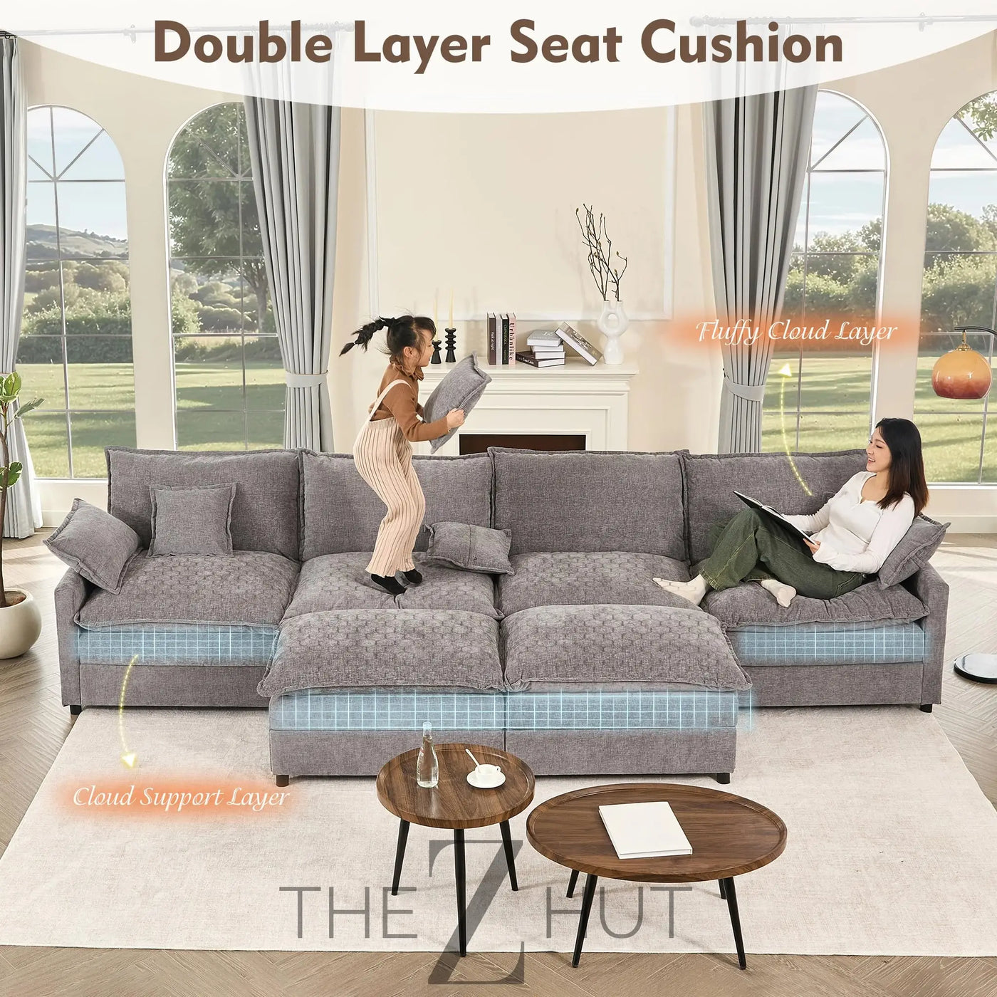 108" U Shaped Couch, Modular Sectional Sofa, 3-Seater Comfy Cloud Couch with Movable Ottoman, Deep Seat Couches for Living Room, Linen, Beige THE Z HUT