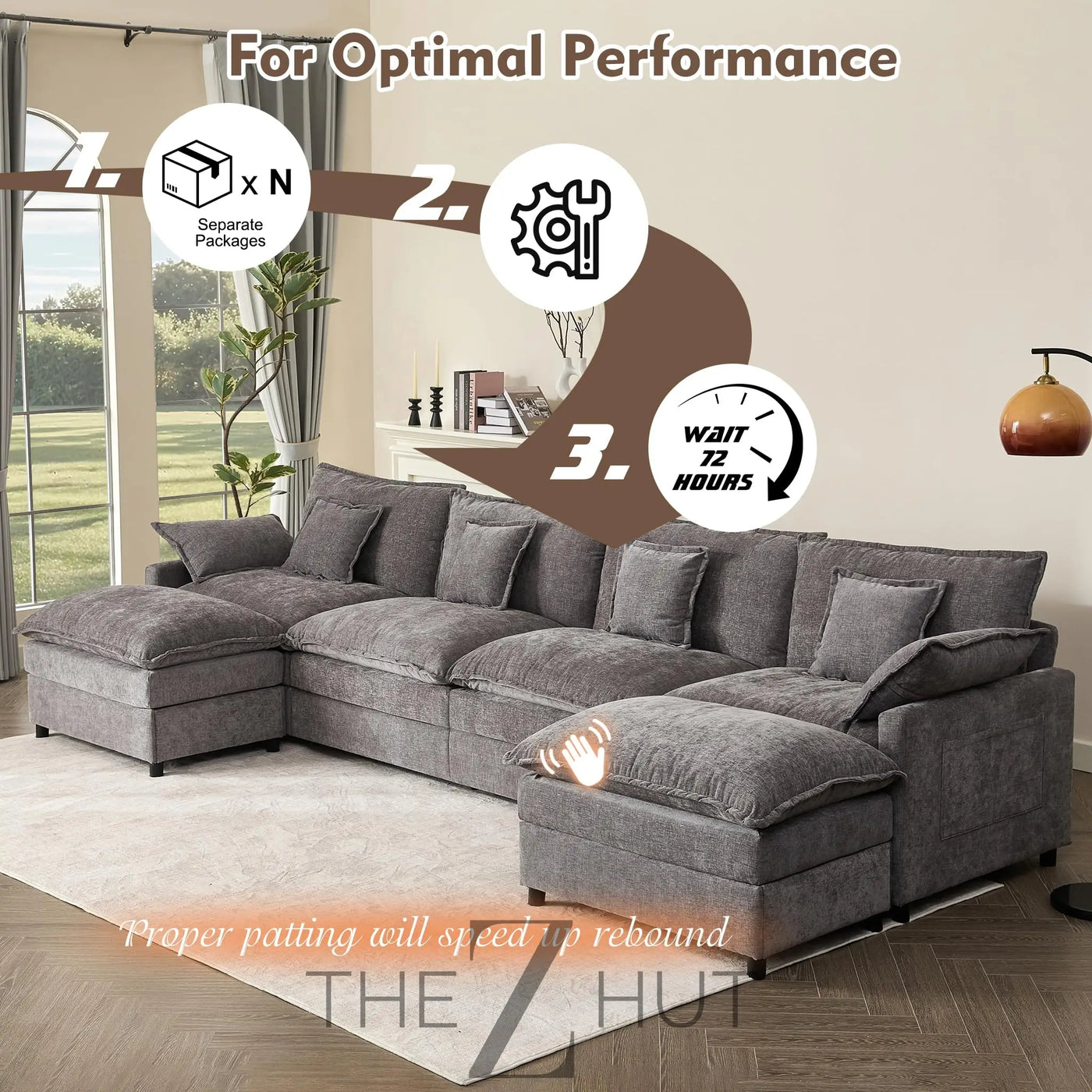 108" U Shaped Couch, Modular Sectional Sofa, 3-Seater Comfy Cloud Couch with Movable Ottoman, Deep Seat Couches for Living Room, Linen, Beige THE Z HUT