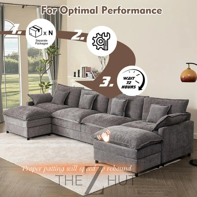108" U Shaped Couch, Modular Sectional Sofa, 3-Seater Comfy Cloud Couch with Movable Ottoman, Deep Seat Couches for Living Room, Linen, Beige THE Z HUT