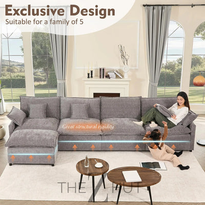 108" U Shaped Couch, Modular Sectional Sofa, 3-Seater Comfy Cloud Couch with Movable Ottoman, Deep Seat Couches for Living Room, Linen, Beige THE Z HUT