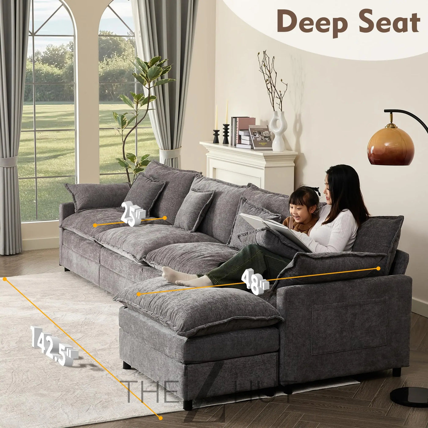 108" U Shaped Couch, Modular Sectional Sofa, 3-Seater Comfy Cloud Couch with Movable Ottoman, Deep Seat Couches for Living Room, Linen, Beige THE Z HUT