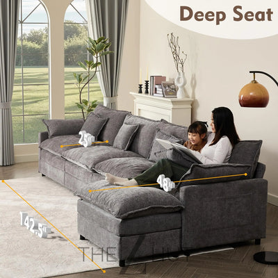 108" U Shaped Couch, Modular Sectional Sofa, 3-Seater Comfy Cloud Couch with Movable Ottoman, Deep Seat Couches for Living Room, Linen, Beige THE Z HUT