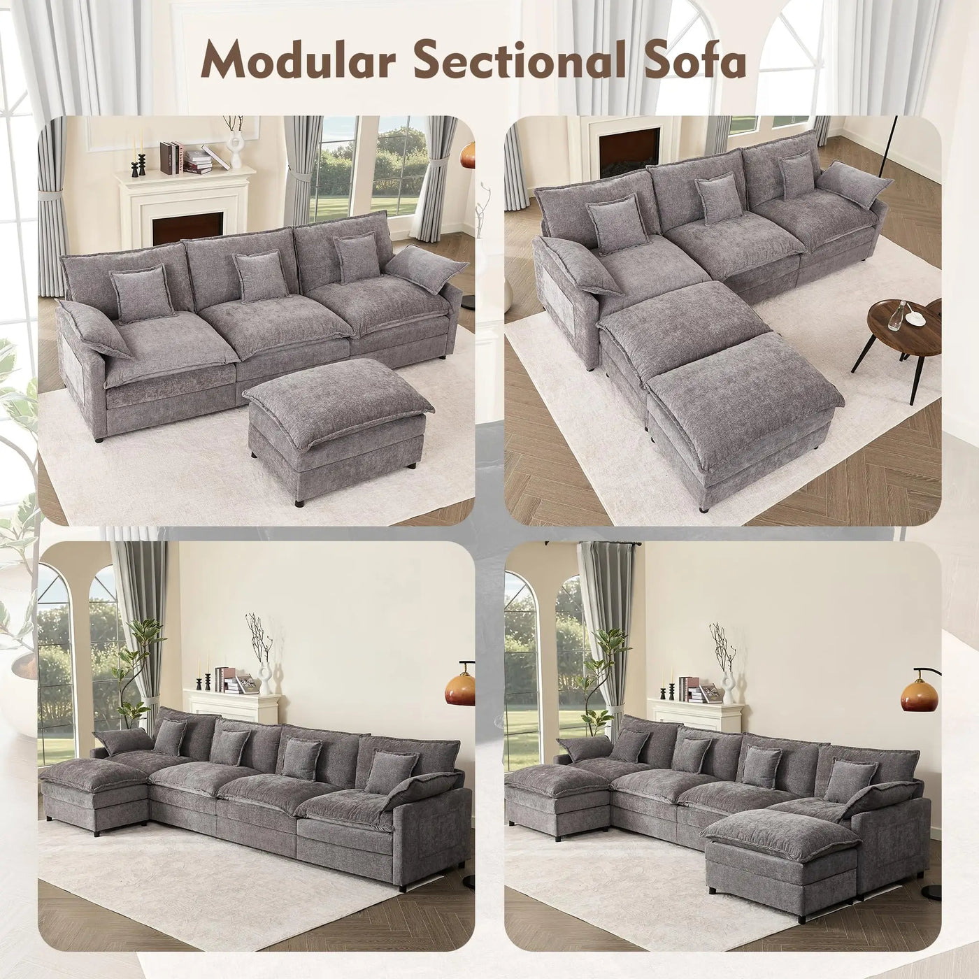108" U Shaped Couch, Modular Sectional Sofa, 3-Seater Comfy Cloud Couch with Movable Ottoman, Deep Seat Couches for Living Room, Linen, Beige THE Z HUT