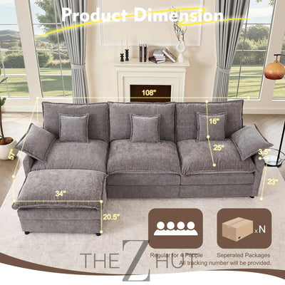 108" U Shaped Couch, Modular Sectional Sofa, 3-Seater Comfy Cloud Couch with Movable Ottoman, Deep Seat Couches for Living Room, Linen, Beige THE Z HUT
