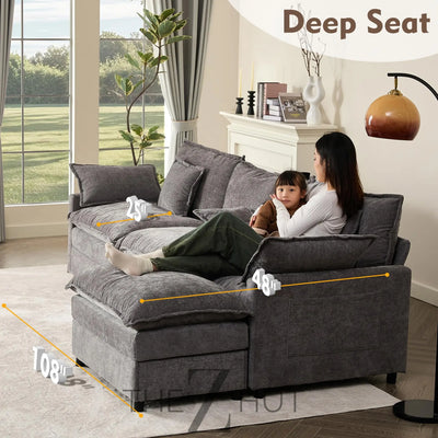 108" U Shaped Couch, Modular Sectional Sofa, 3-Seater Comfy Cloud Couch with Movable Ottoman, Deep Seat Couches for Living Room, Linen, Beige THE Z HUT