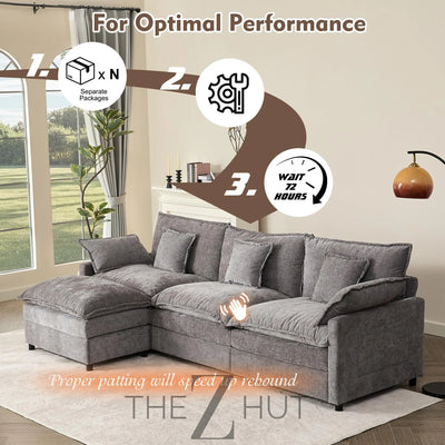 108" U Shaped Couch, Modular Sectional Sofa, 3-Seater Comfy Cloud Couch with Movable Ottoman, Deep Seat Couches for Living Room, Linen, Beige THE Z HUT