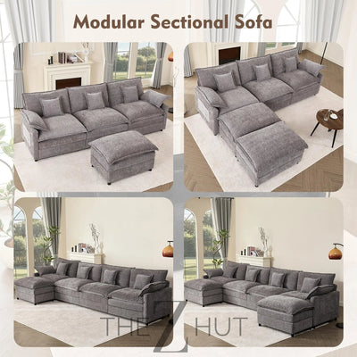 108" U Shaped Couch, Modular Sectional Sofa, 3-Seater Comfy Cloud Couch with Movable Ottoman, Deep Seat Couches for Living Room, Linen, Beige THE Z HUT