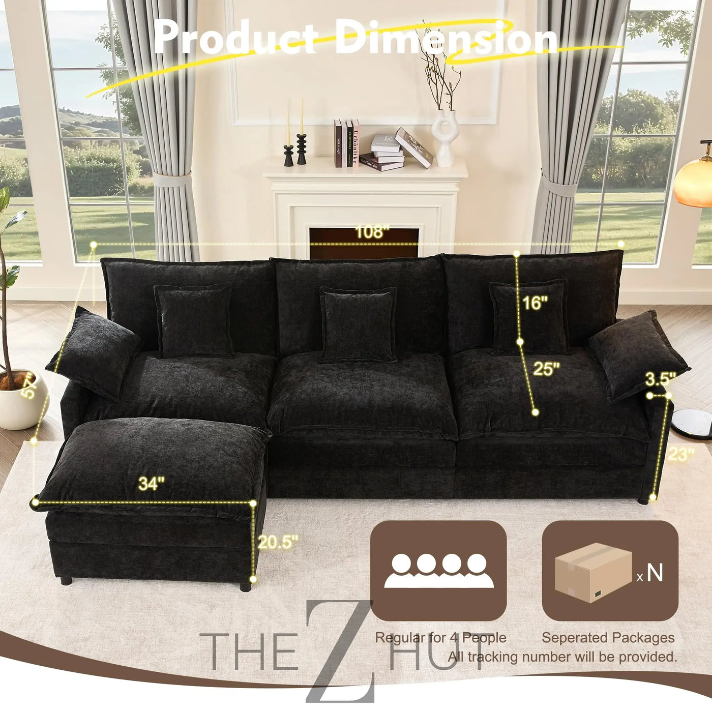 108" U Shaped Couch, Modular Sectional Sofa, 3-Seater Comfy Cloud Couch with Movable Ottoman, Deep Seat Couches for Living Room, Linen, Beige THE Z HUT