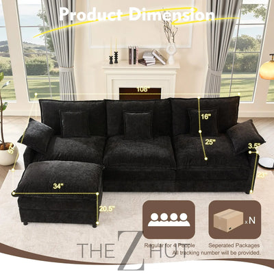 108" U Shaped Couch, Modular Sectional Sofa, 3-Seater Comfy Cloud Couch with Movable Ottoman, Deep Seat Couches for Living Room, Linen, Beige THE Z HUT