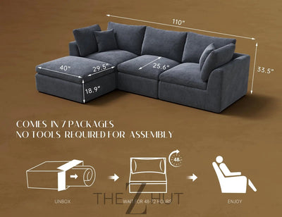 110" Cloud Sectional Couches for Living Room, Convertible L-Shape Couch with Ottoman, 3 Seater Modular Sectional Sofa, Warm White THE Z HUT