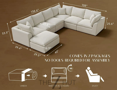110" Cloud Sectional Couches for Living Room, Convertible L-Shape Couch with Ottoman, 3 Seater Modular Sectional Sofa, Warm White THE Z HUT