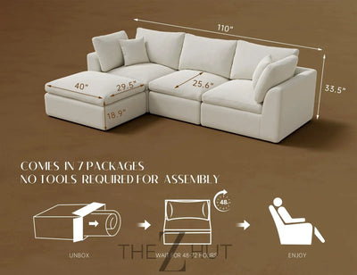 110" Cloud Sectional Couches for Living Room, Convertible L-Shape Couch with Ottoman, 3 Seater Modular Sectional Sofa, Warm White THE Z HUT