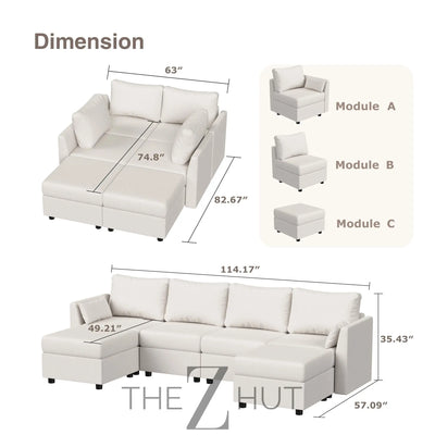 114.17" Modular Sectional Sofa, 6 Seat Modular Couch with Storage, Memory Foam, Convertible Sectional Couches for Living Room, U Shaped Comfy Modular Sofa with Chaise, Beige THE Z HUT