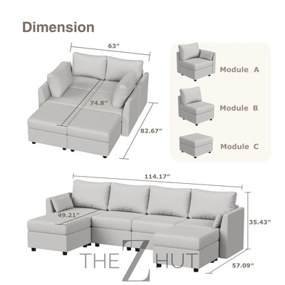 114.17" Modular Sectional Sofa, 6 Seat Modular Couch with Storage, Memory Foam, Convertible Sectional Couches for Living Room, U Shaped Comfy Modular Sofa with Chaise, Beige THE Z HUT