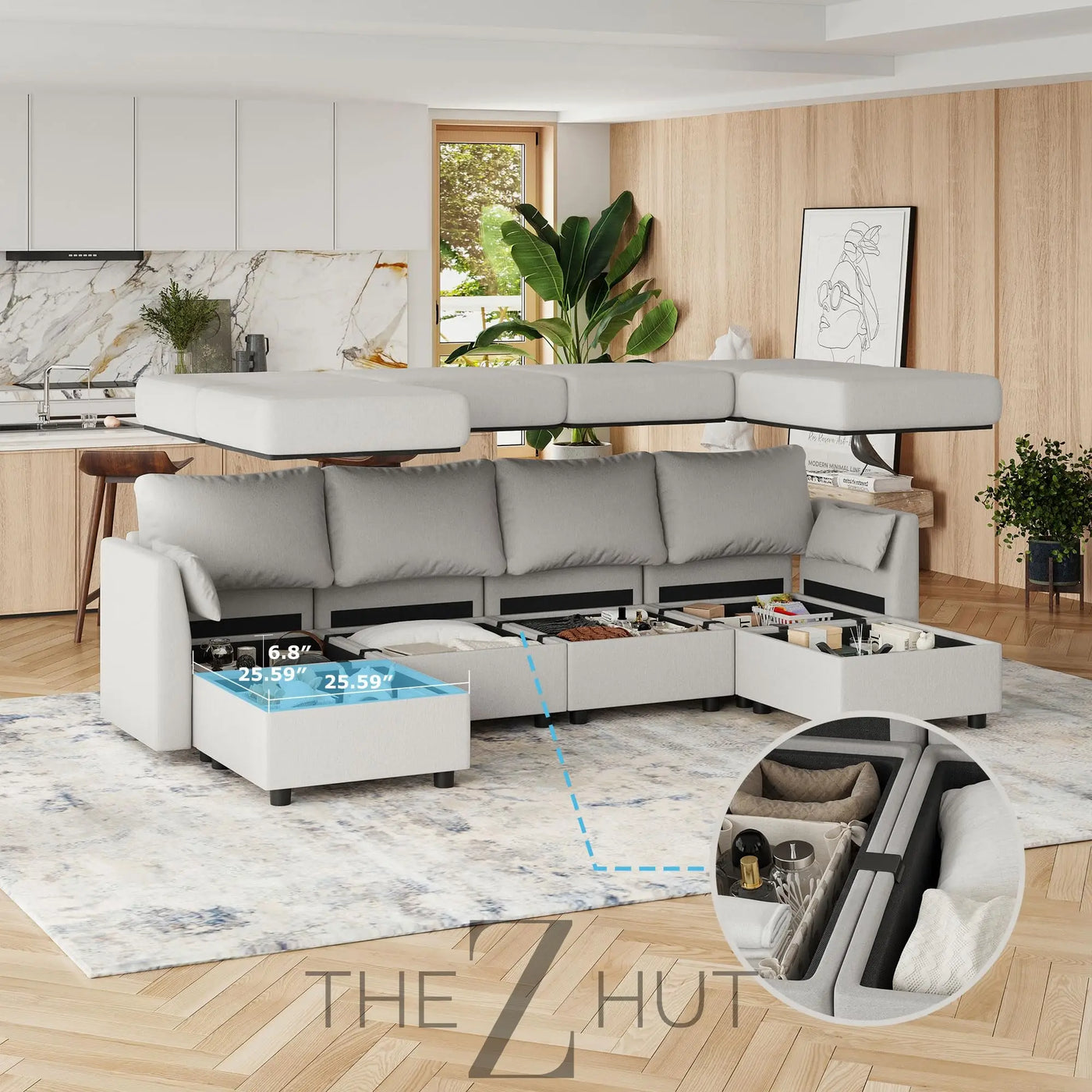 114.17" Modular Sectional Sofa, 6 Seat Modular Couch with Storage, Memory Foam, Convertible Sectional Couches for Living Room, U Shaped Comfy Modular Sofa with Chaise, Beige THE Z HUT