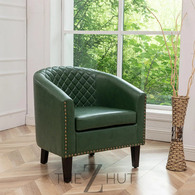 29" W Faux Leather Barrel Chairs Set of 2, Modern PU Upholstered Tufted Club Chairs with Nailhead Trim, Small Armchairs Accent Chairs for Living Room Bedroom Apartment Lounge Nursery, Green THE Z HUT