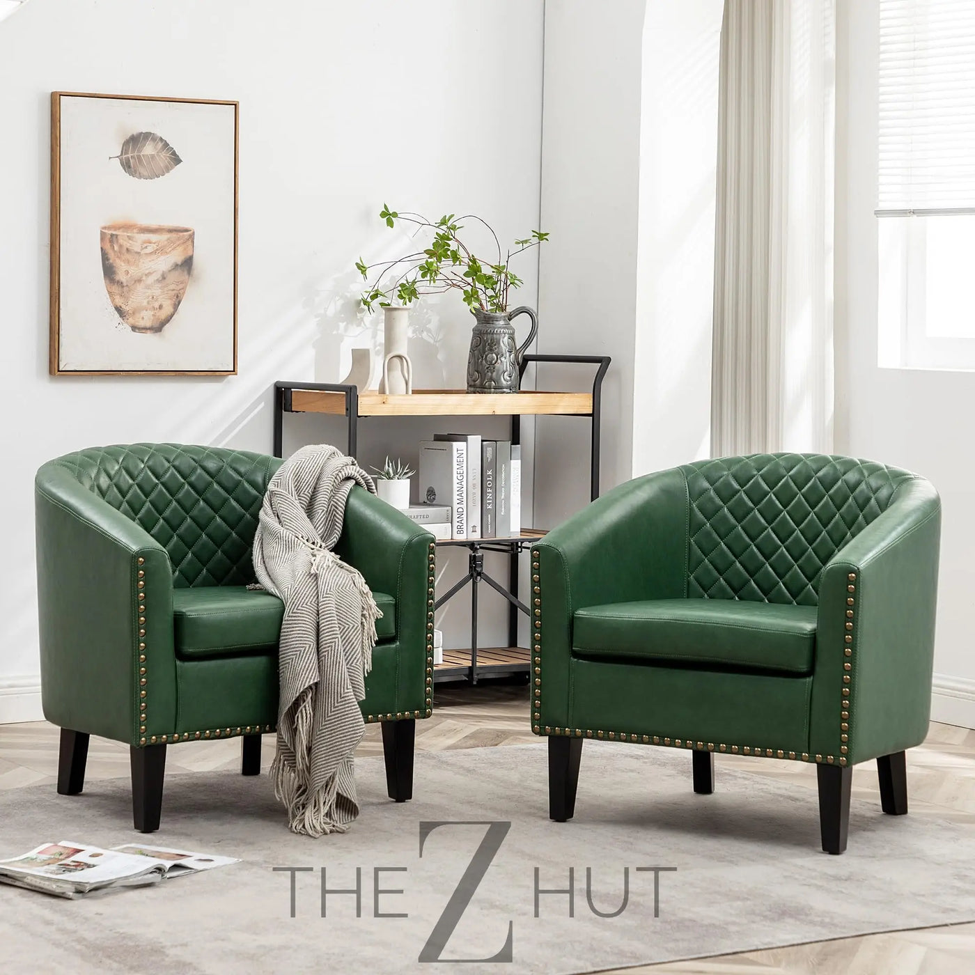 29" W Faux Leather Barrel Chairs Set of 2, Modern PU Upholstered Tufted Club Chairs with Nailhead Trim, Small Armchairs Accent Chairs for Living Room Bedroom Apartment Lounge Nursery, Green THE Z HUT