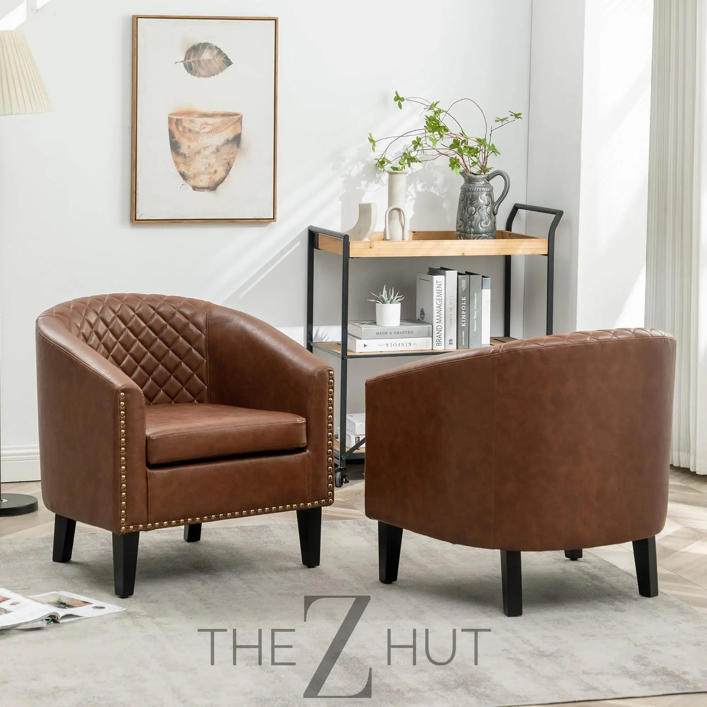 29" W Faux Leather Barrel Chairs Set of 2, Modern PU Upholstered Tufted Club Chairs with Nailhead Trim, Small Armchairs Accent Chairs for Living Room Bedroom Apartment Lounge Nursery, Green THE Z HUT