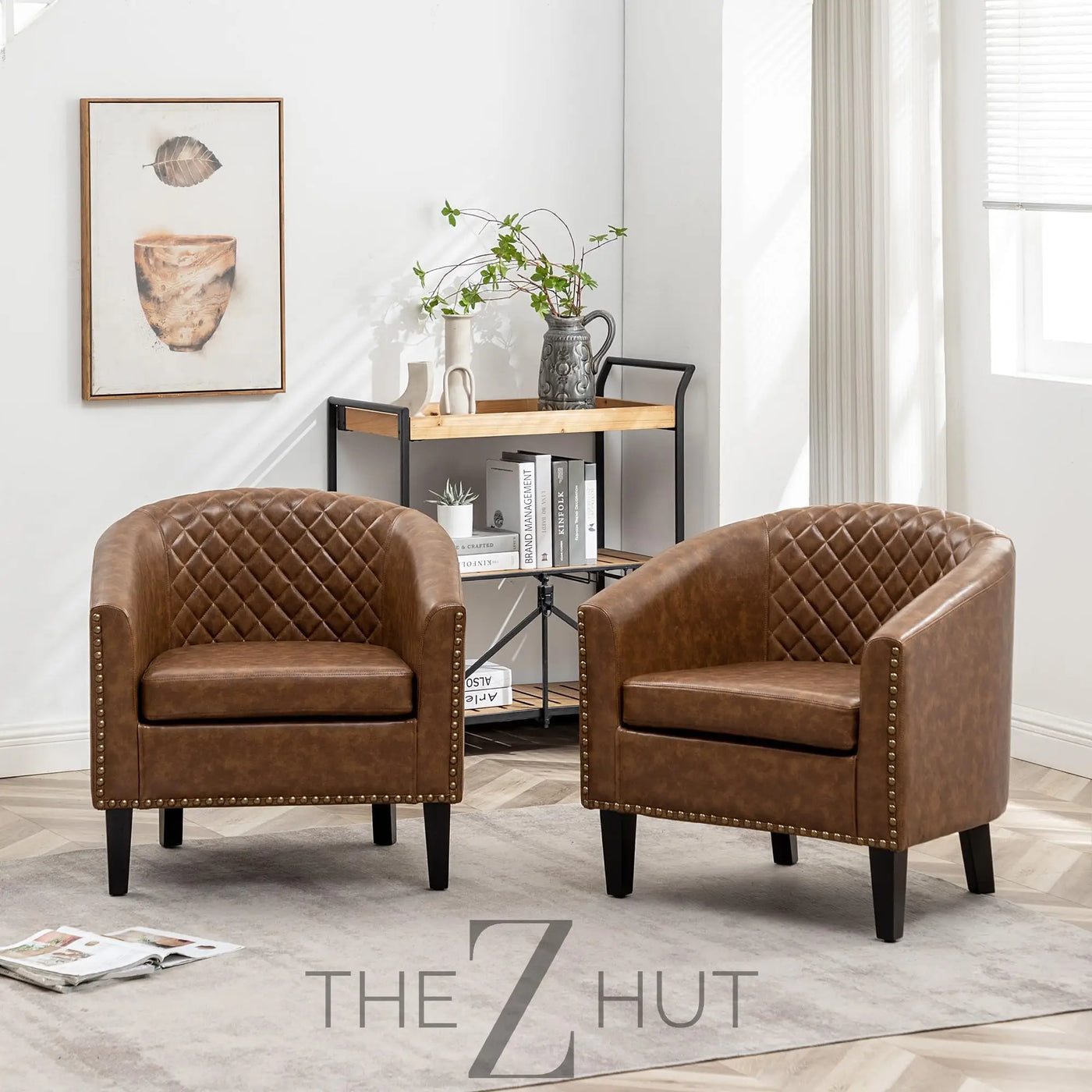 29" W Faux Leather Barrel Chairs Set of 2, Modern PU Upholstered Tufted Club Chairs with Nailhead Trim, Small Armchairs Accent Chairs for Living Room Bedroom Apartment Lounge Nursery, Green THE Z HUT