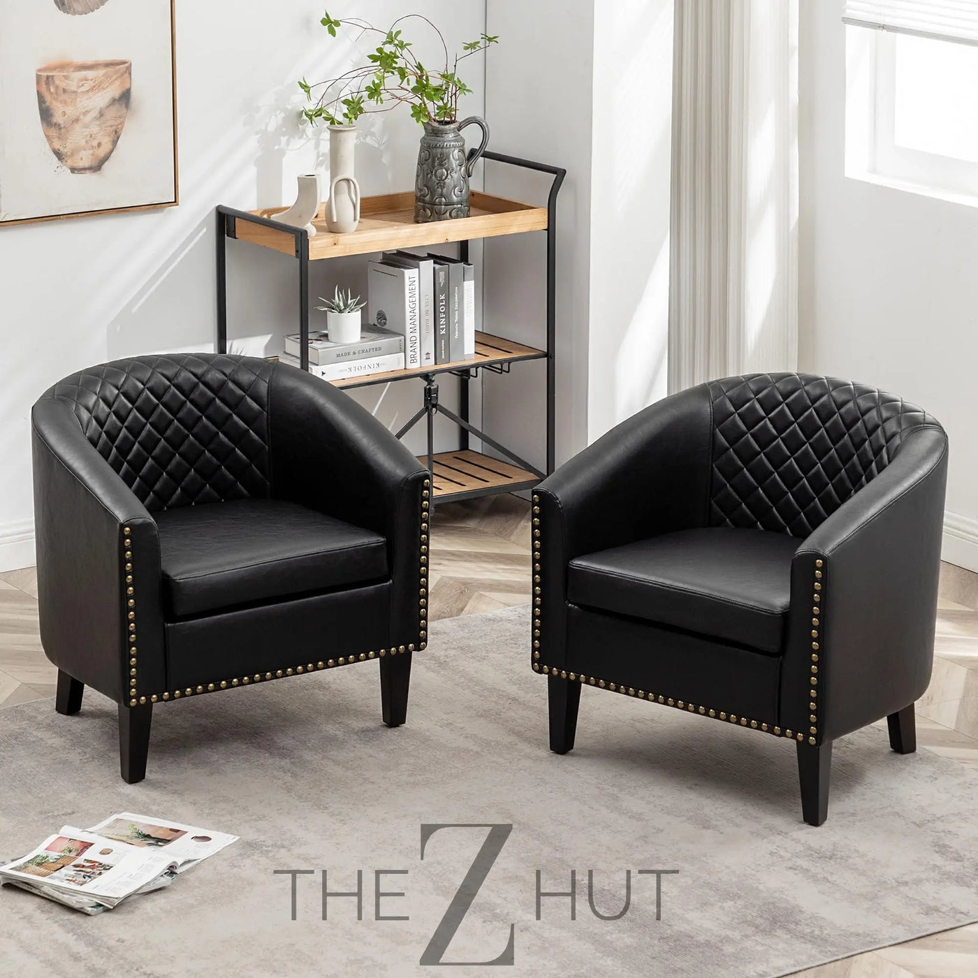 29" W Faux Leather Barrel Chairs Set of 2, Modern PU Upholstered Tufted Club Chairs with Nailhead Trim, Small Armchairs Accent Chairs for Living Room Bedroom Apartment Lounge Nursery, Green THE Z HUT