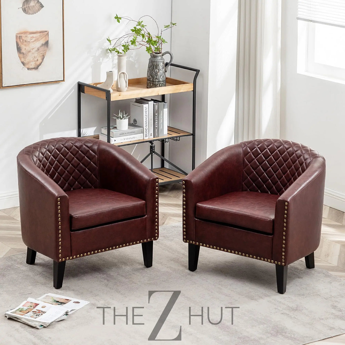 29" W Faux Leather Barrel Chairs Set of 2, Modern PU Upholstered Tufted Club Chairs with Nailhead Trim, Small Armchairs Accent Chairs for Living Room Bedroom Apartment Lounge Nursery, Green THE Z HUT
