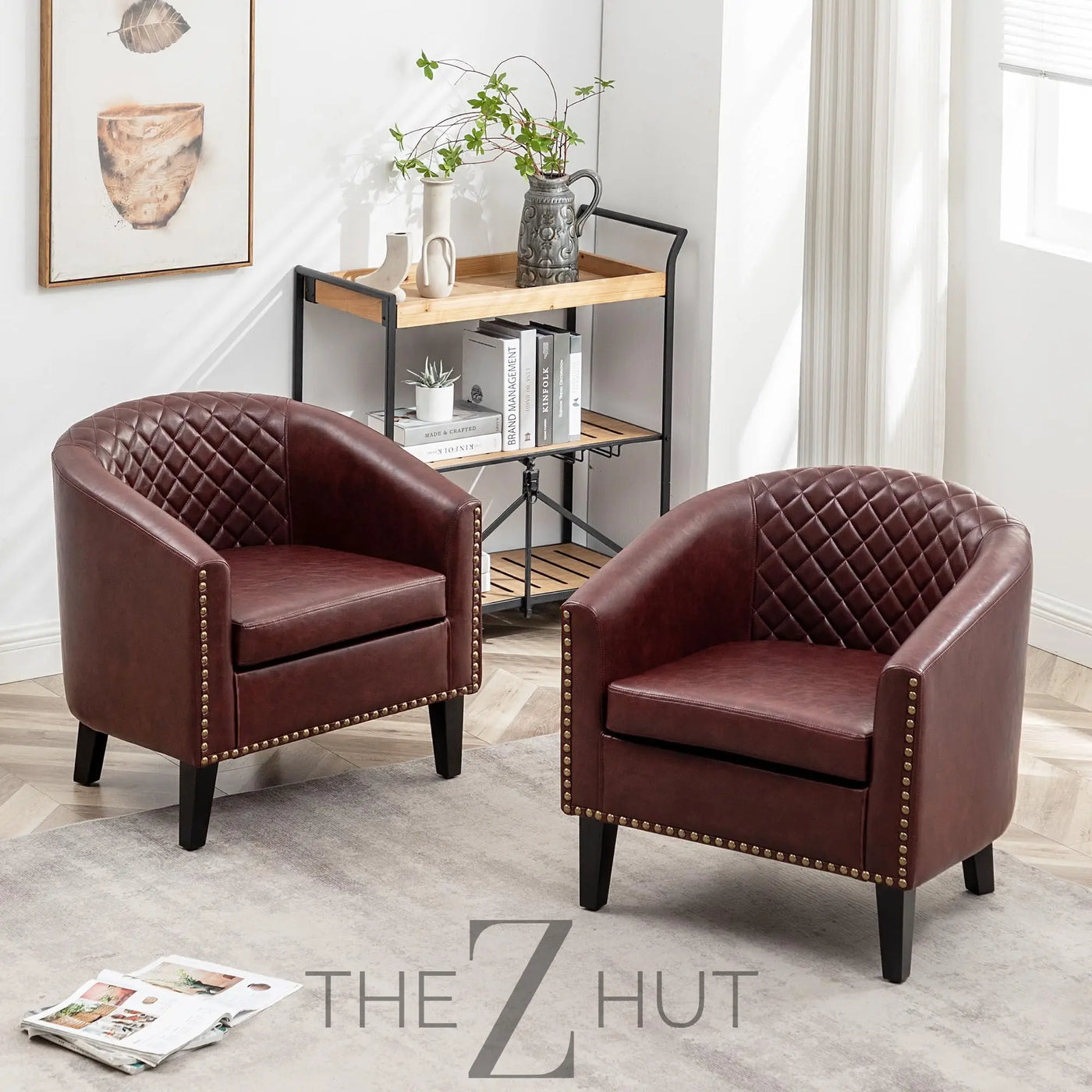 29" W Faux Leather Barrel Chairs Set of 2, Modern PU Upholstered Tufted Club Chairs with Nailhead Trim, Small Armchairs Accent Chairs for Living Room Bedroom Apartment Lounge Nursery, Green THE Z HUT