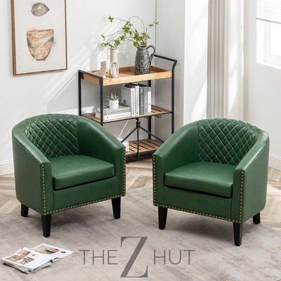 29" W Faux Leather Barrel Chairs Set of 2, Modern PU Upholstered Tufted Club Chairs with Nailhead Trim, Small Armchairs Accent Chairs for Living Room Bedroom Apartment Lounge Nursery, Green THE Z HUT
