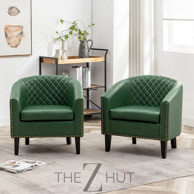 29" W Faux Leather Barrel Chairs Set of 2, Modern PU Upholstered Tufted Club Chairs with Nailhead Trim, Small Armchairs Accent Chairs for Living Room Bedroom Apartment Lounge Nursery, Green THE Z HUT