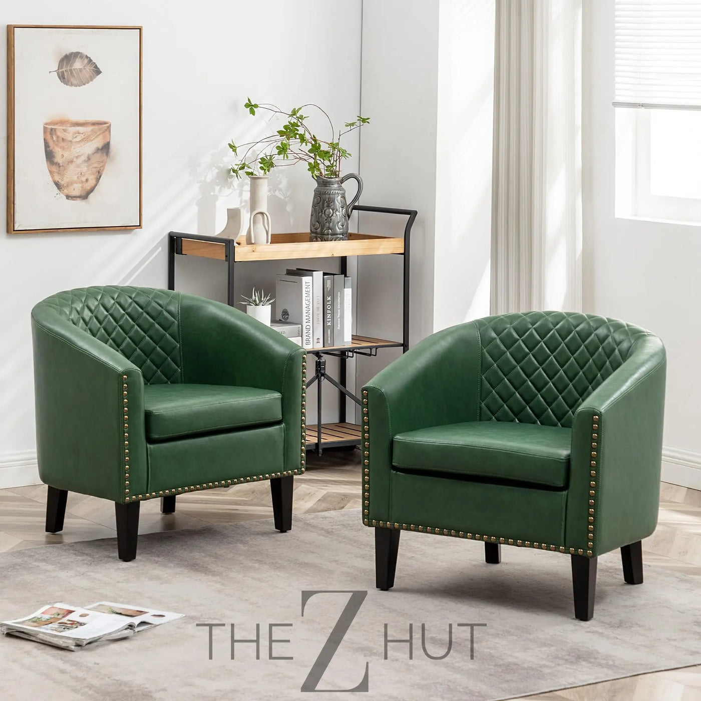 29" W Faux Leather Barrel Chairs Set of 2, Modern PU Upholstered Tufted Club Chairs with Nailhead Trim, Small Armchairs Accent Chairs for Living Room Bedroom Apartment Lounge Nursery, Green THE Z HUT