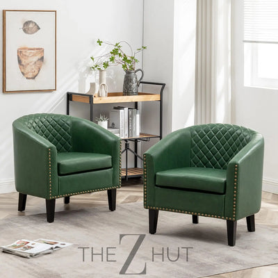 29" W Faux Leather Barrel Chairs Set of 2, Modern PU Upholstered Tufted Club Chairs with Nailhead Trim, Small Armchairs Accent Chairs for Living Room Bedroom Apartment Lounge Nursery, Green THE Z HUT
