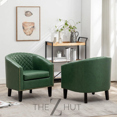 29" W Faux Leather Barrel Chairs Set of 2, Modern PU Upholstered Tufted Club Chairs with Nailhead Trim, Small Armchairs Accent Chairs for Living Room Bedroom Apartment Lounge Nursery, Green THE Z HUT