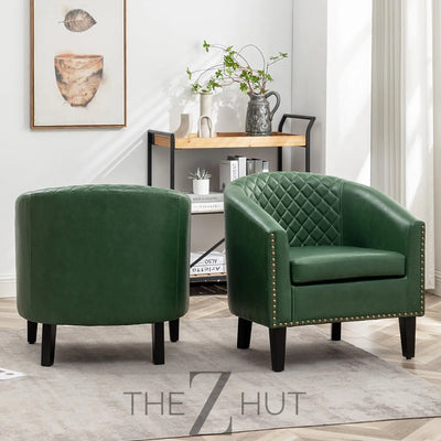 29" W Faux Leather Barrel Chairs Set of 2, Modern PU Upholstered Tufted Club Chairs with Nailhead Trim, Small Armchairs Accent Chairs for Living Room Bedroom Apartment Lounge Nursery, Green THE Z HUT