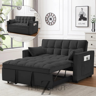 3 in 1 Convertible Sleeper Sofa Bed, Futon Couches for Living Room with Side Pocket | Adjustable Backrest| Velvet Fabric | Pull Out Couch | Loveseat | Sectional Sofa Bed(Black) THE Z HUT