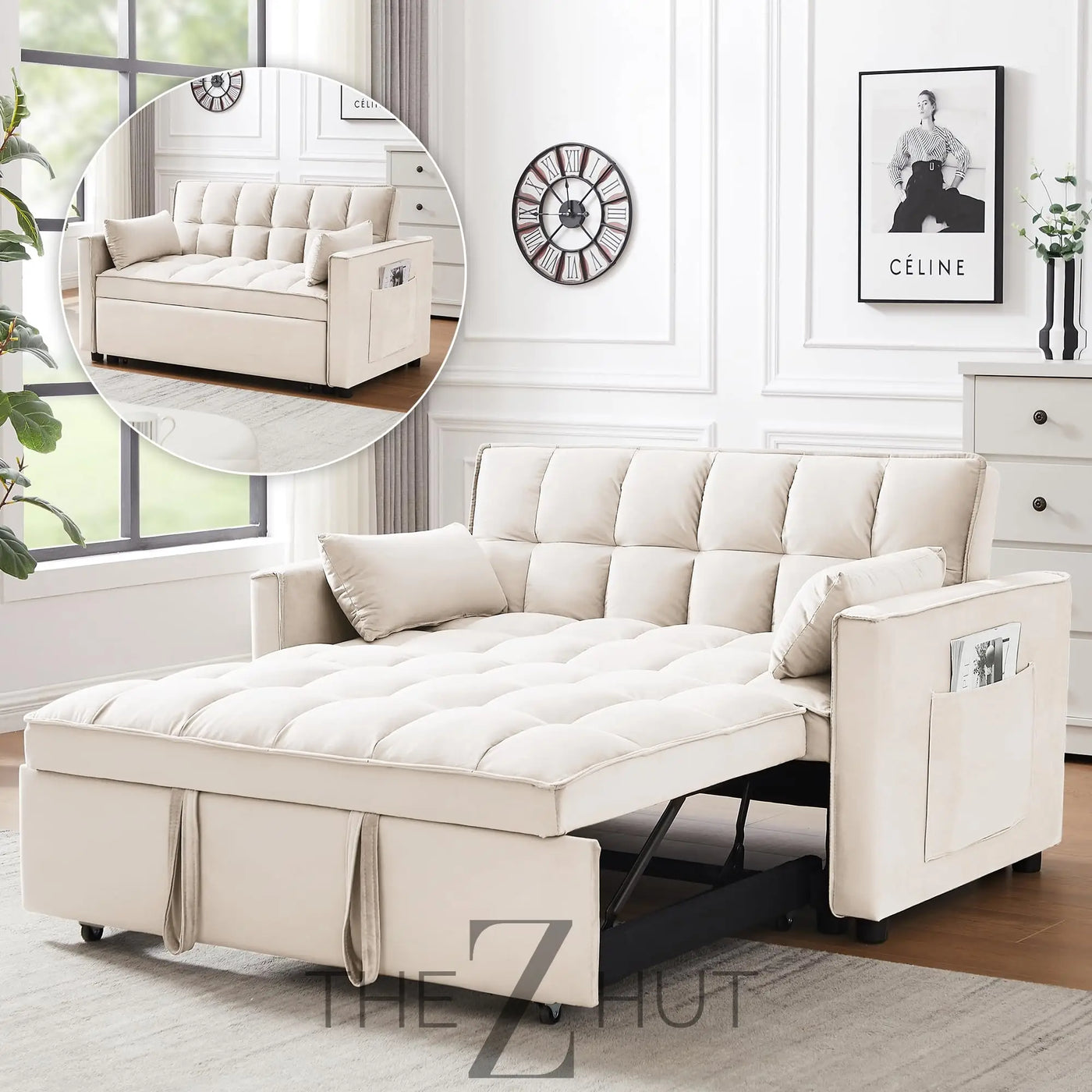 3 in 1 Convertible Sleeper Sofa Bed, Futon Couches for Living Room with Side Pocket | Adjustable Backrest| Velvet Fabric | Pull Out Couch | Loveseat | Sectional Sofa Bed(Black) THE Z HUT