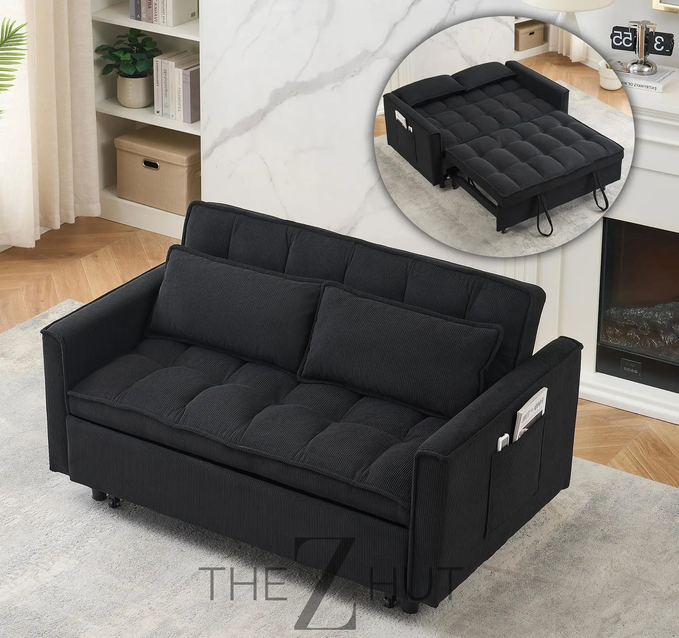 3 in 1 Convertible Sleeper Sofa Bed, Futon Couches for Living Room with Side Pocket | Adjustable Backrest| Velvet Fabric | Pull Out Couch | Loveseat | Sectional Sofa Bed(Black) THE Z HUT