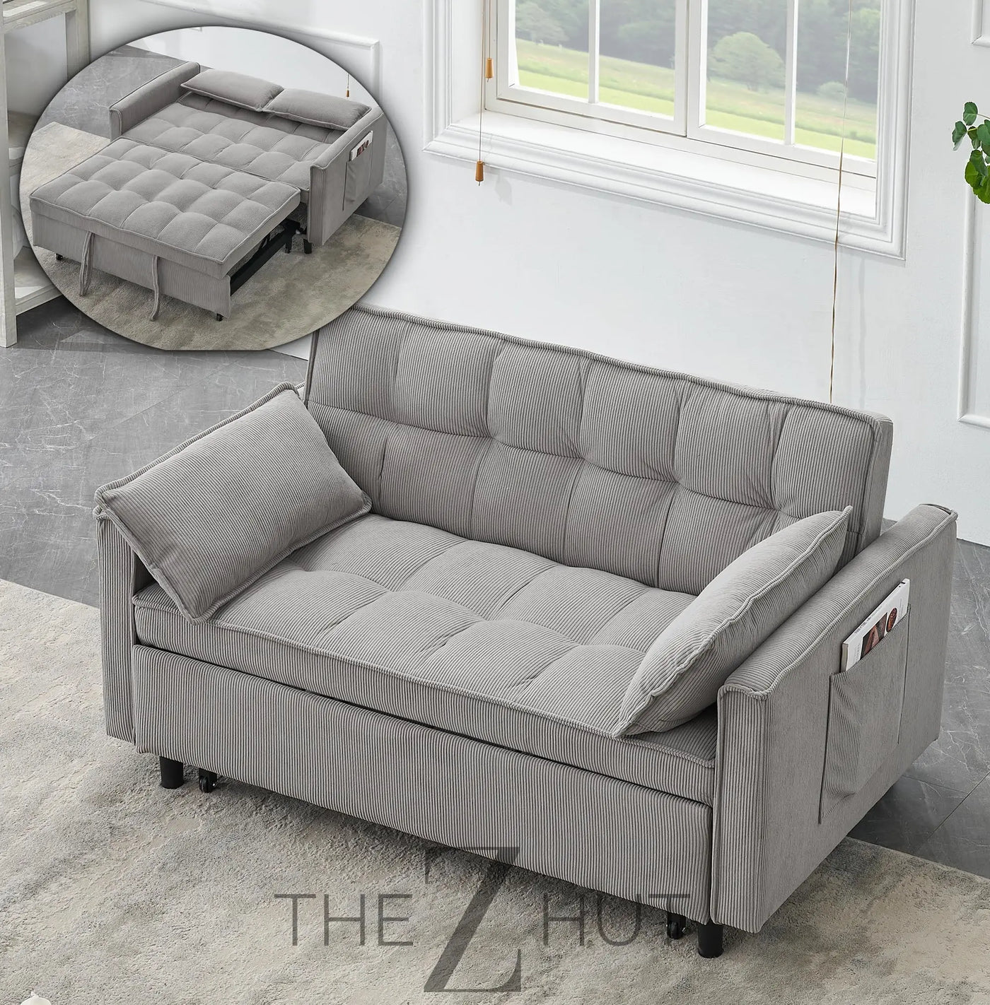 3 in 1 Convertible Sleeper Sofa Bed, Futon Couches for Living Room with Side Pocket | Adjustable Backrest| Velvet Fabric | Pull Out Couch | Loveseat | Sectional Sofa Bed(Black) THE Z HUT