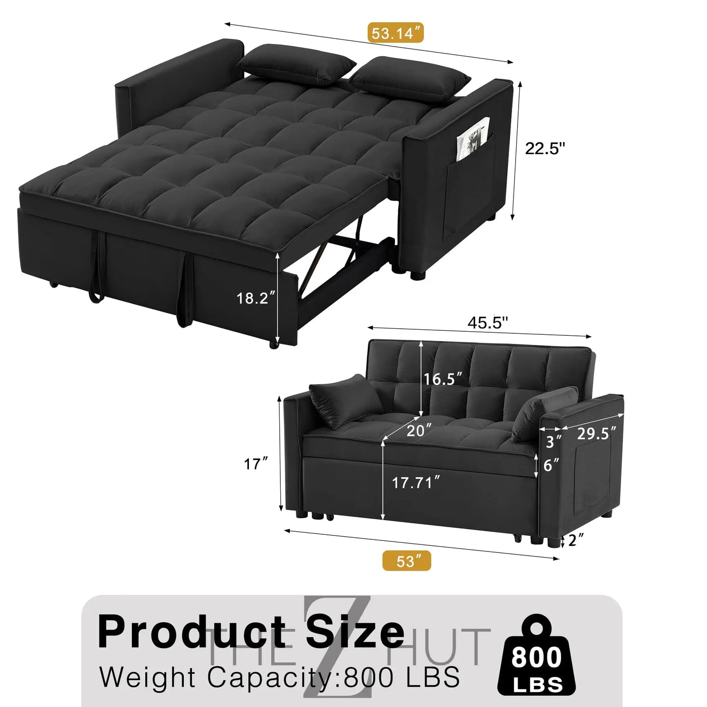 3 in 1 Convertible Sleeper Sofa Bed, Futon Couches for Living Room with Side Pocket | Adjustable Backrest| Velvet Fabric | Pull Out Couch | Loveseat | Sectional Sofa Bed(Black) THE Z HUT