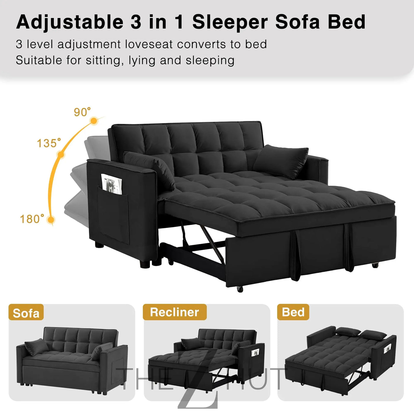3 in 1 Convertible Sleeper Sofa Bed, Futon Couches for Living Room with Side Pocket | Adjustable Backrest| Velvet Fabric | Pull Out Couch | Loveseat | Sectional Sofa Bed(Black) THE Z HUT