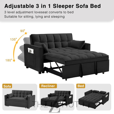 3 in 1 Convertible Sleeper Sofa Bed, Futon Couches for Living Room with Side Pocket | Adjustable Backrest| Velvet Fabric | Pull Out Couch | Loveseat | Sectional Sofa Bed(Black) THE Z HUT