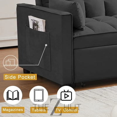 3 in 1 Convertible Sleeper Sofa Bed, Futon Couches for Living Room with Side Pocket | Adjustable Backrest| Velvet Fabric | Pull Out Couch | Loveseat | Sectional Sofa Bed(Black) THE Z HUT