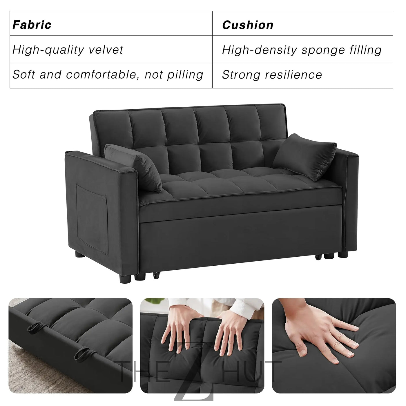 3 in 1 Convertible Sleeper Sofa Bed, Futon Couches for Living Room with Side Pocket | Adjustable Backrest| Velvet Fabric | Pull Out Couch | Loveseat | Sectional Sofa Bed(Black) THE Z HUT