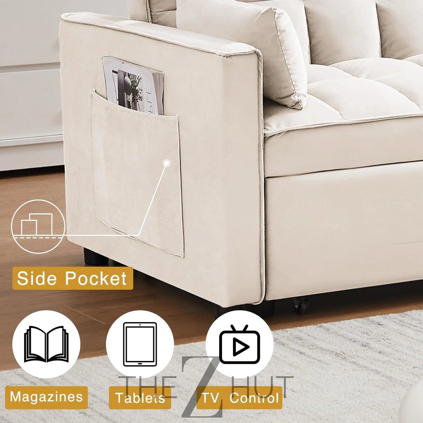 3 in 1 Convertible Sleeper Sofa Bed, Futon Couches for Living Room with Side Pocket | Adjustable Backrest| Velvet Fabric | Pull Out Couch | Loveseat | Sectional Sofa Bed(Black) THE Z HUT