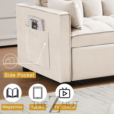 3 in 1 Convertible Sleeper Sofa Bed, Futon Couches for Living Room with Side Pocket | Adjustable Backrest| Velvet Fabric | Pull Out Couch | Loveseat | Sectional Sofa Bed(Black) THE Z HUT