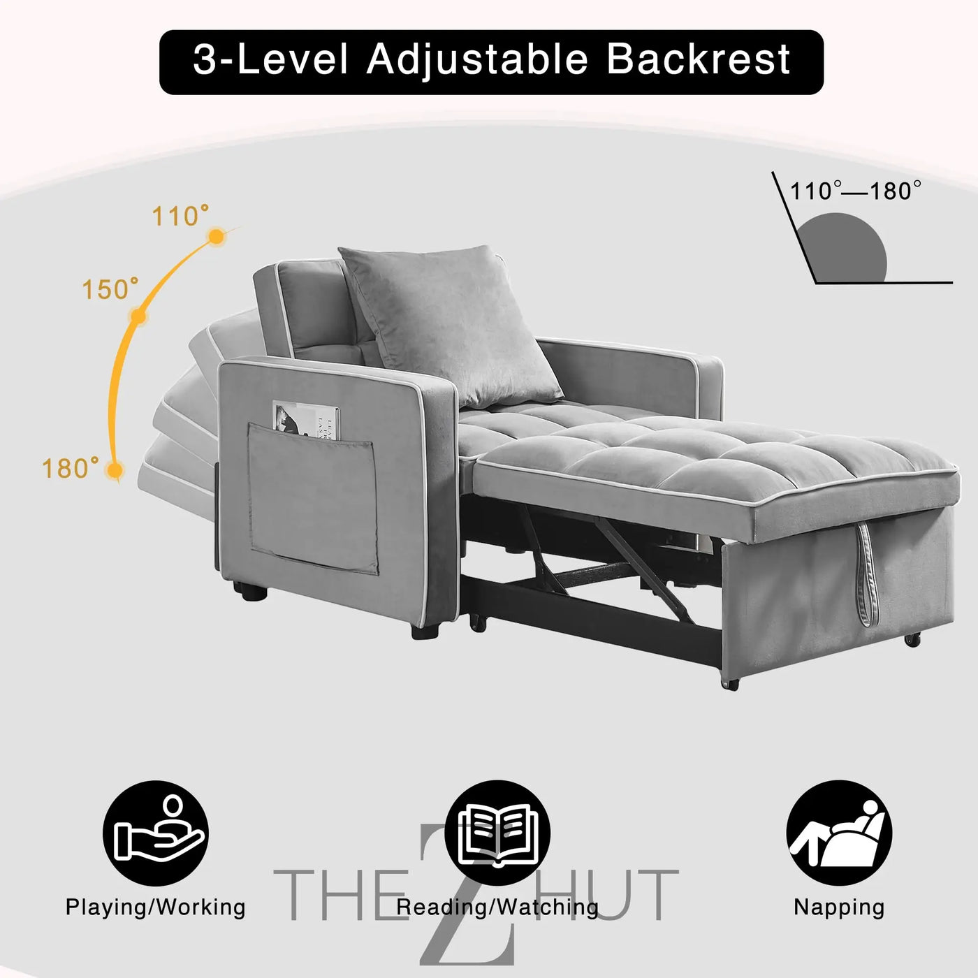 3 in 1 Convertible Sleeper Sofa Bed, Futon Couches for Living Room with Side Pocket | Adjustable Backrest| Velvet Fabric | Pull Out Couch | Loveseat | Sectional Sofa Bed(Black) THE Z HUT