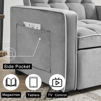 3 in 1 Convertible Sleeper Sofa Bed, Futon Couches for Living Room with Side Pocket | Adjustable Backrest| Velvet Fabric | Pull Out Couch | Loveseat | Sectional Sofa Bed(Black) THE Z HUT